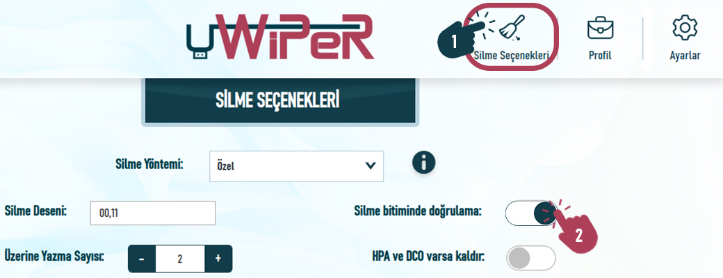 uwiper silme seçenekleri